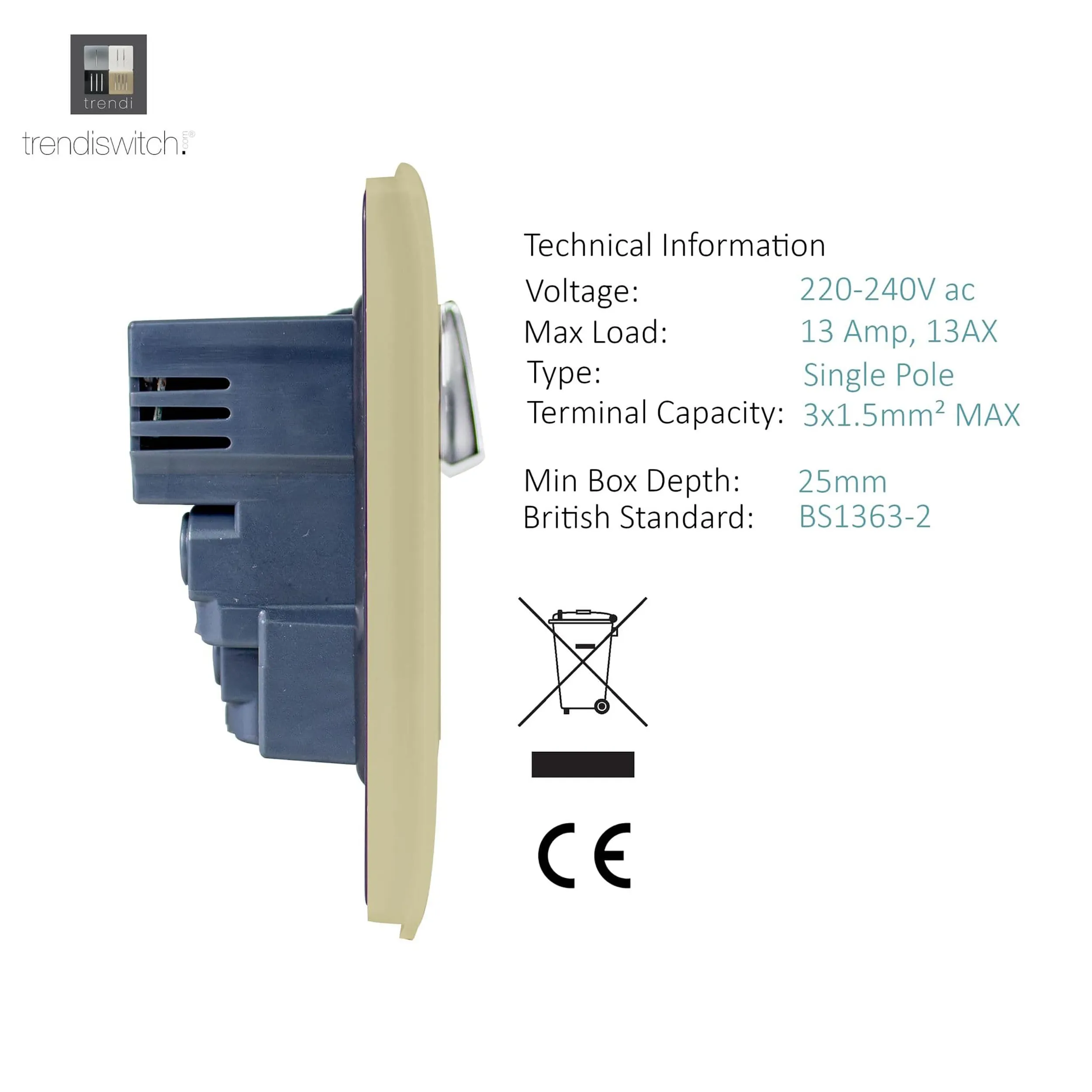 1 Gang 13Amp Switched Single Socket With 2 x USB Champagne Gold ART-SKT13USBGO  Trendi Champagne Gold